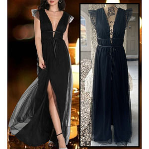 Lulus Tulle Ruffle Black I'm All Yours Maxi Dress Size M